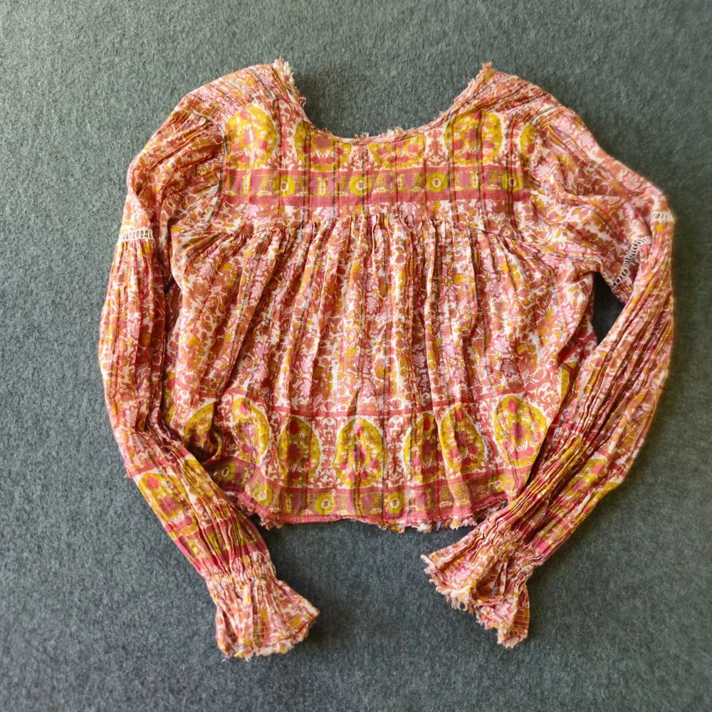 FREE PEOPLE Floral Metallic Lurex Boho Crop Top Size‎ XS Balloon Sleeve Festival